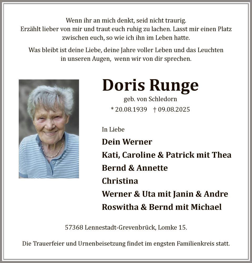  Traueranzeige für Doris Runge vom 16.08.2025 aus HASK