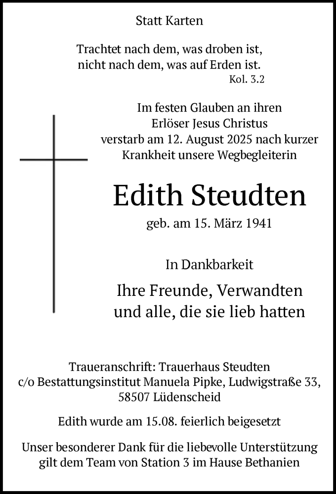  Traueranzeige für Edith Steudten vom 16.08.2025 aus HALN