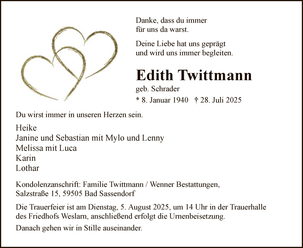  Traueranzeige für Edith Twittmann vom 02.08.2025 aus HASO