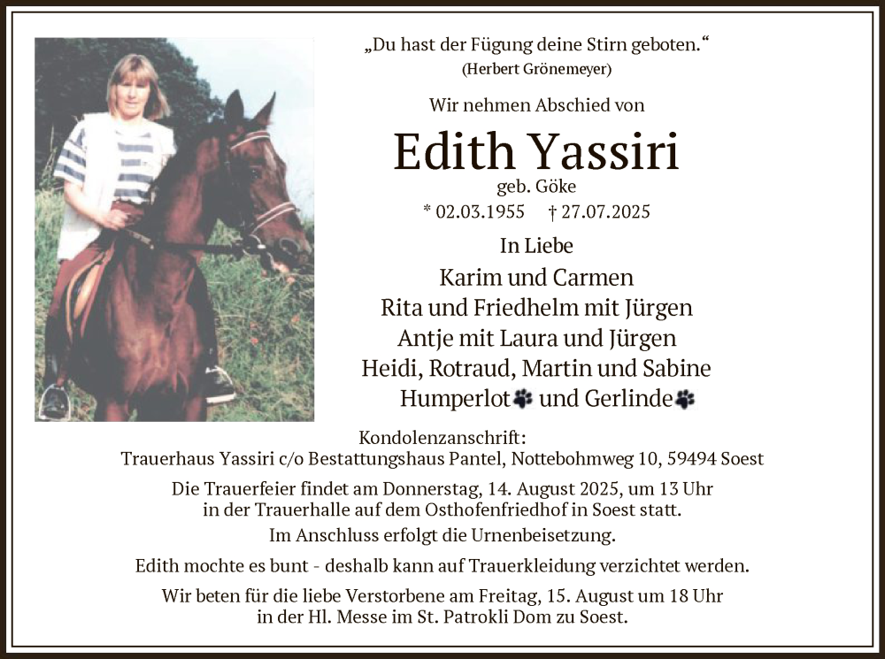  Traueranzeige für Edith Yassiri vom 02.08.2025 aus HASO