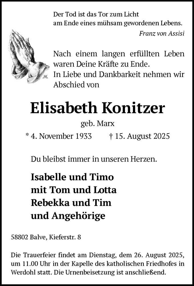  Traueranzeige für Elisabeth Konitzer vom 23.08.2025 aus HALN