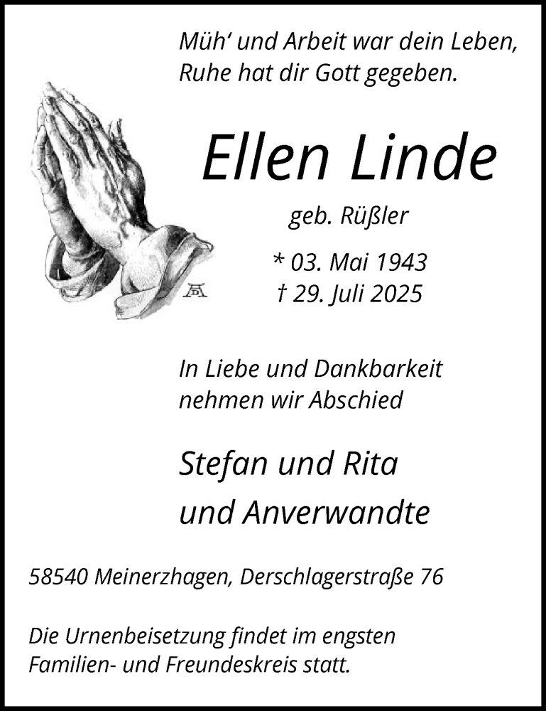  Traueranzeige für Ellen Linde vom 02.08.2025 aus HALN