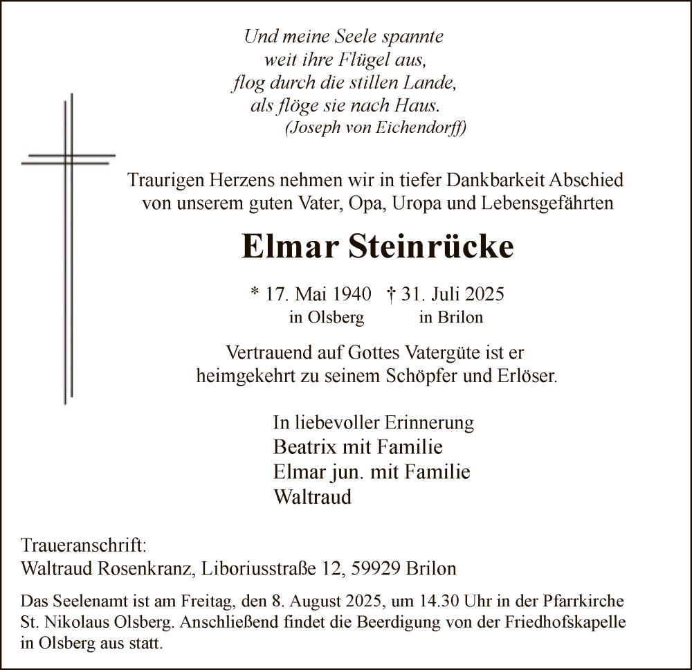  Traueranzeige für Elmar Steinrücke vom 02.08.2025 aus HASK