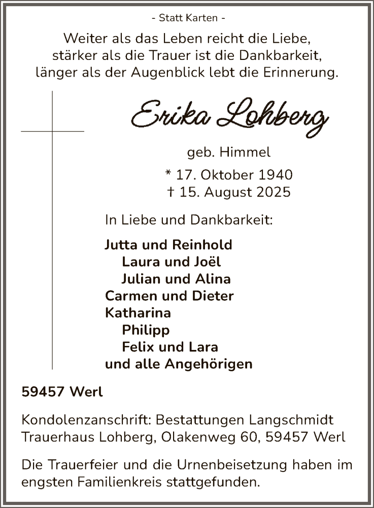  Traueranzeige für Erika Lohberg vom 23.08.2025 aus HASO