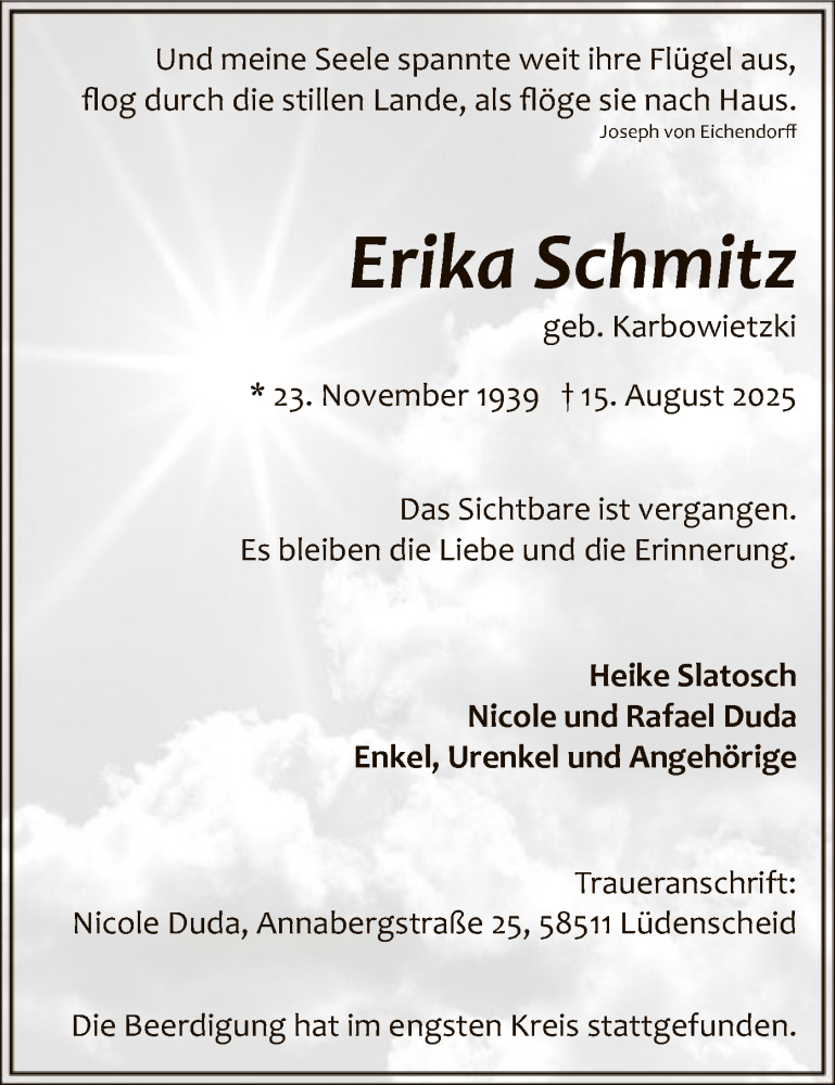  Traueranzeige für Erika Schmitz vom 27.08.2025 aus HALN
