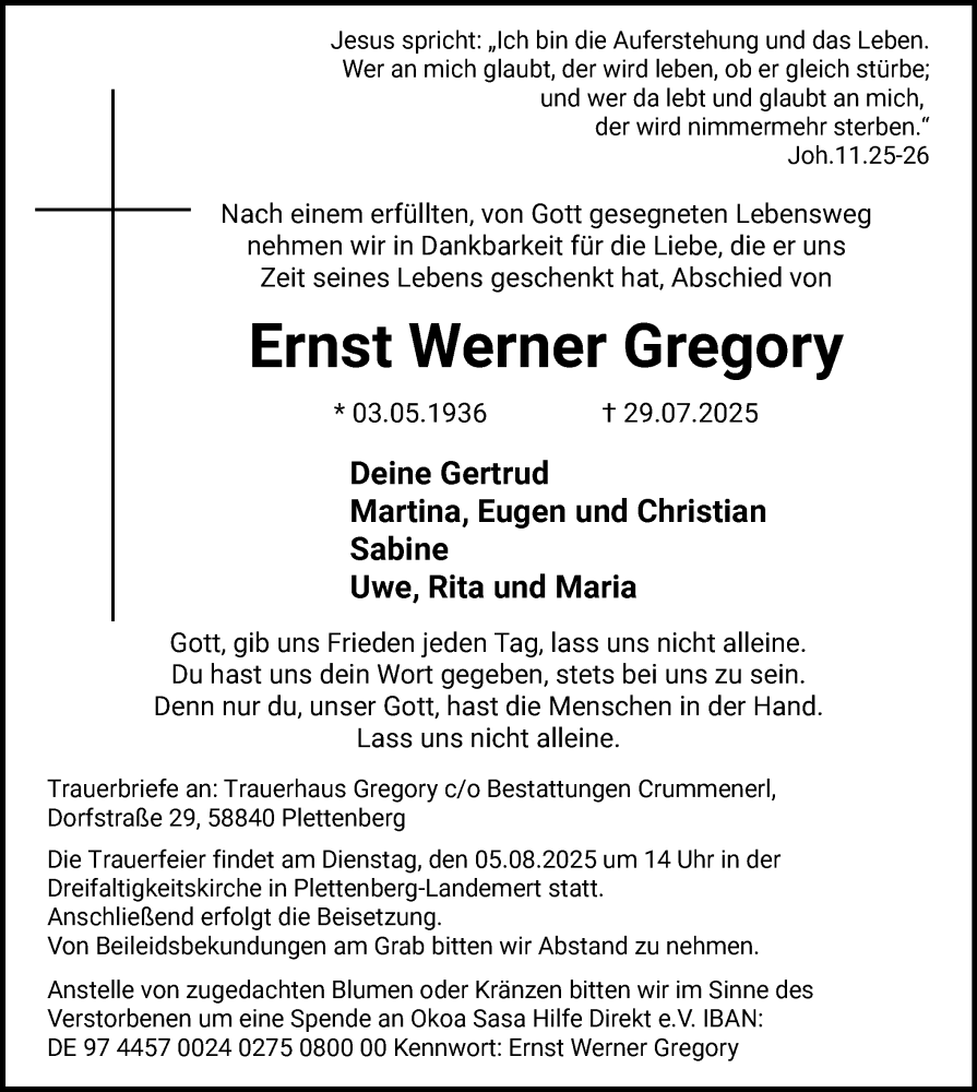  Traueranzeige für Ernst Werner Gregory vom 02.08.2025 aus HALN