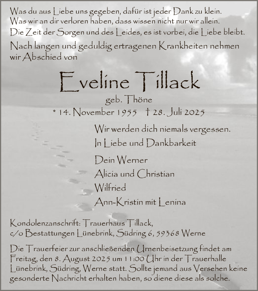  Traueranzeige für Eveline Tillack vom 05.08.2025 aus HAWA