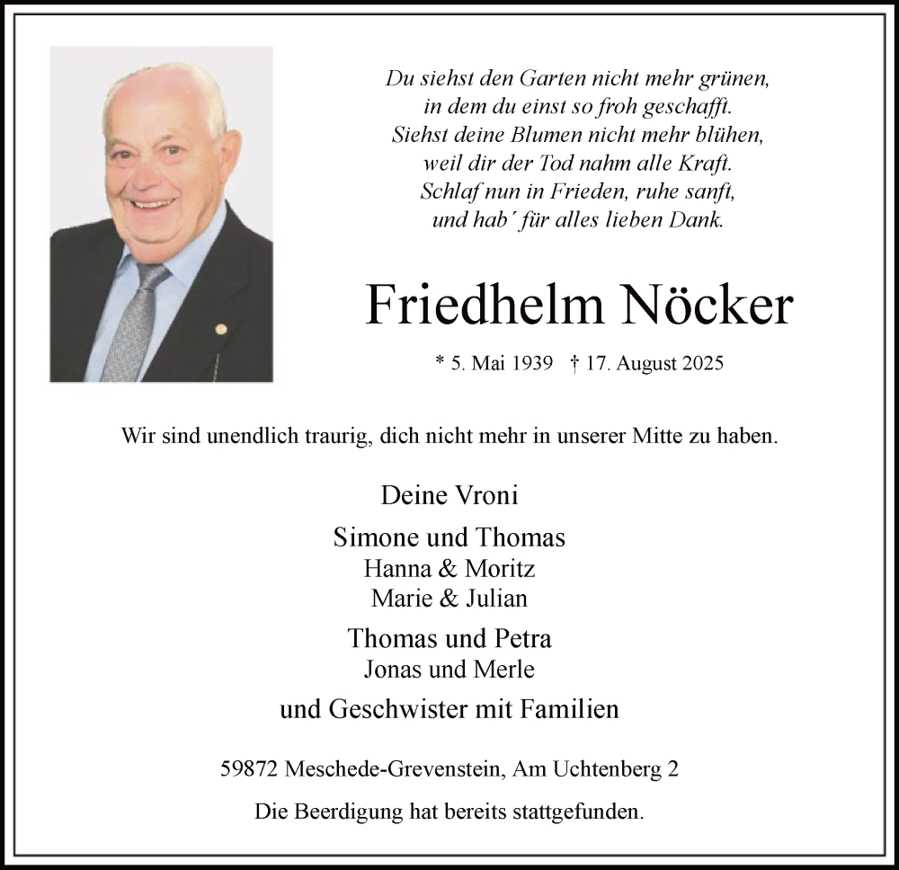  Traueranzeige für Friedhelm Nöcker vom 23.08.2025 aus HASK