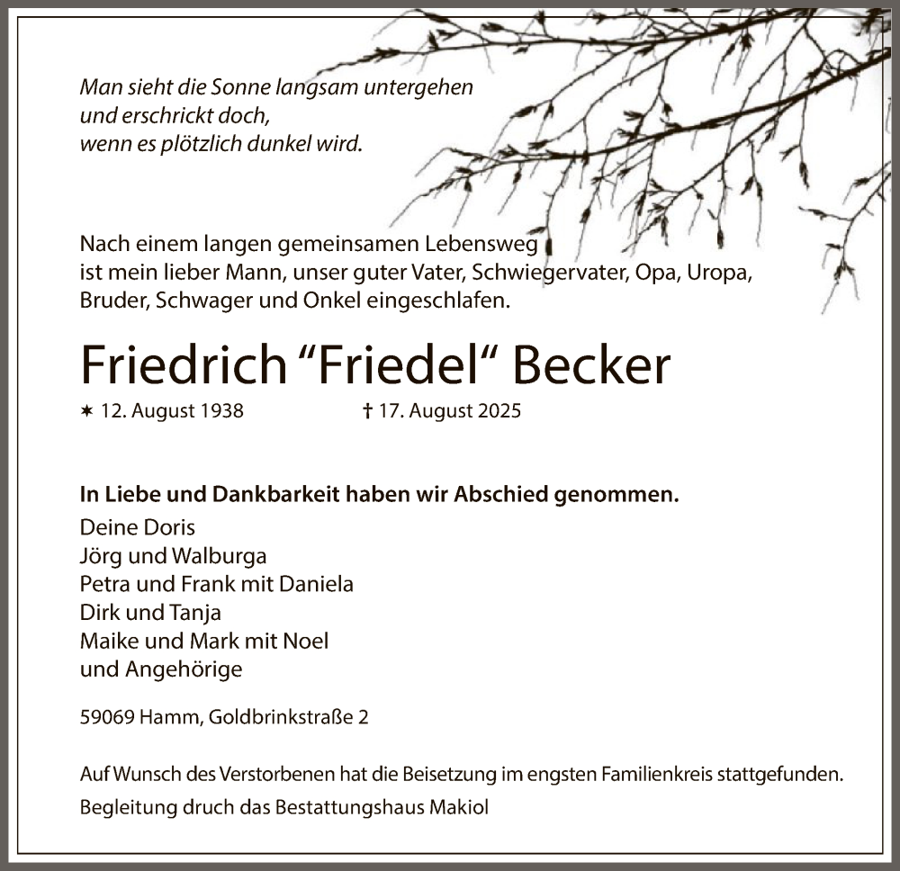  Traueranzeige für Friedrich Becker vom 30.08.2025 aus HAWA