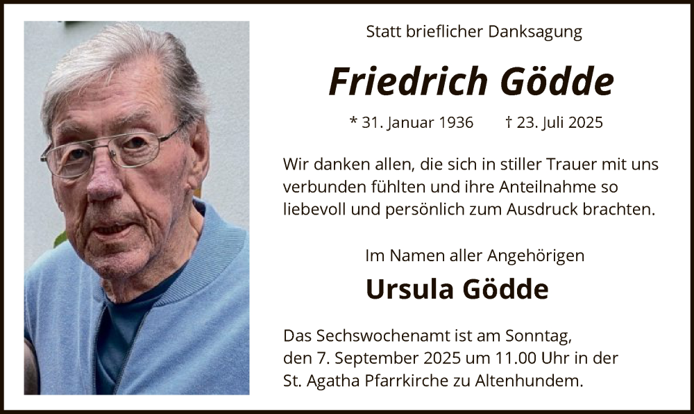  Traueranzeige für Friedrich Gödde vom 30.08.2025 aus HASK