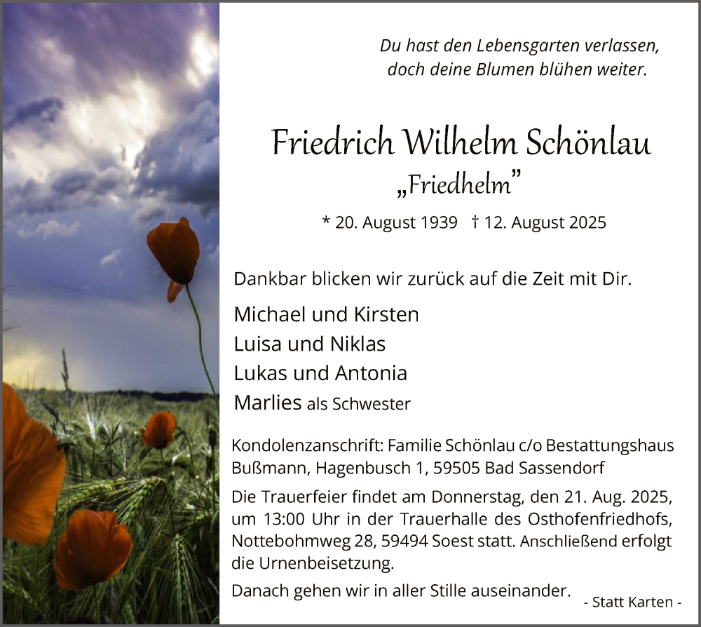  Traueranzeige für Friedrich Wilhelm Schönlau vom 16.08.2025 aus HASO