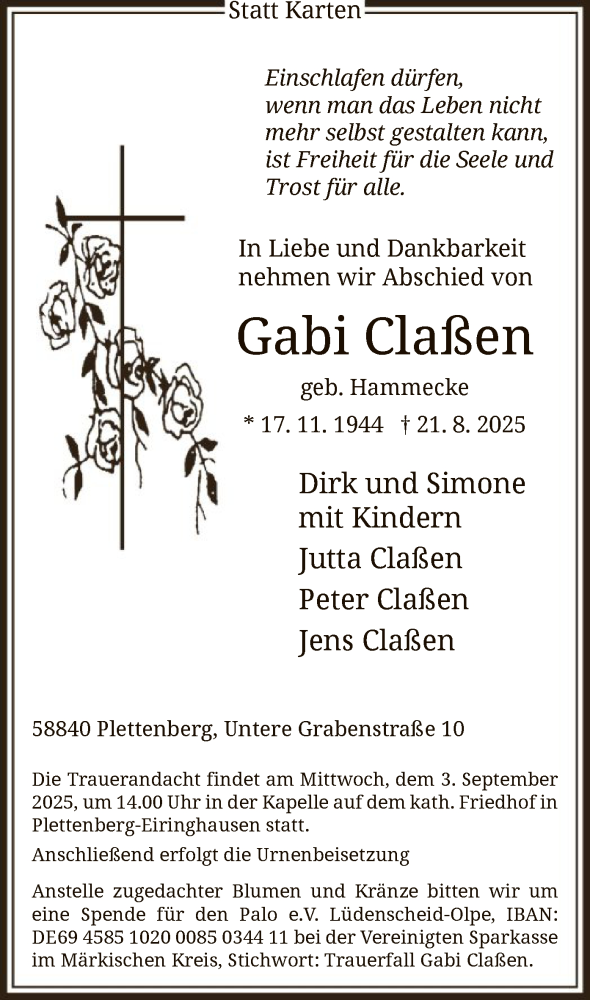  Traueranzeige für Gabi Claßen vom 27.08.2025 aus HALN