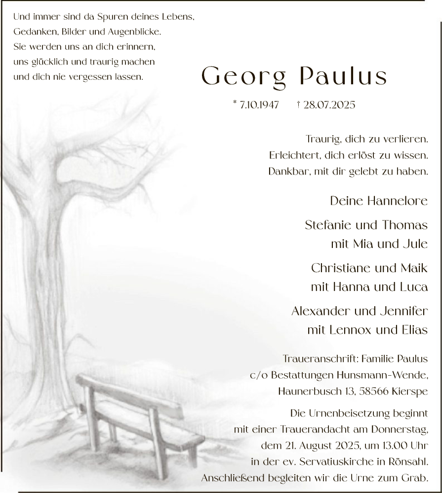  Traueranzeige für Georg Paulus vom 09.08.2025 aus HALN
