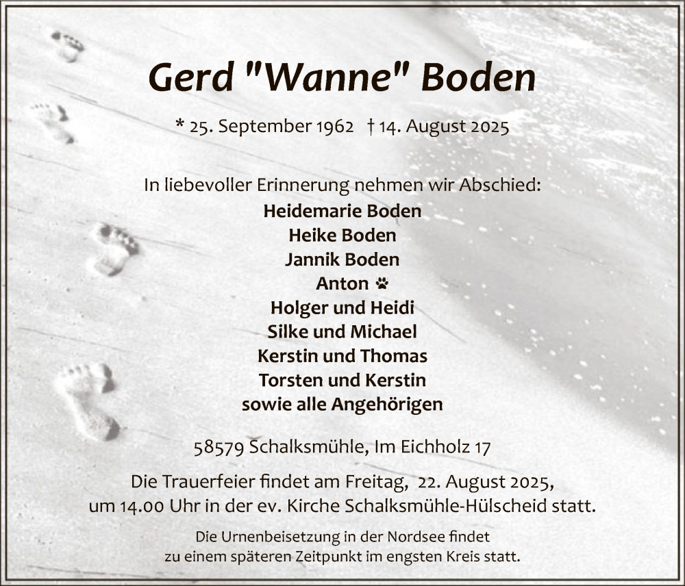 Traueranzeige für Gerd Boden vom 19.08.2025 aus HALN