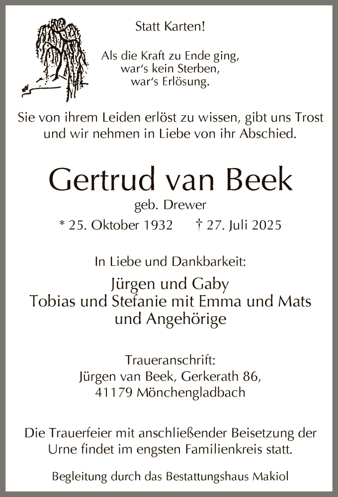  Traueranzeige für Gertrud van Beek vom 02.08.2025 aus HAWA