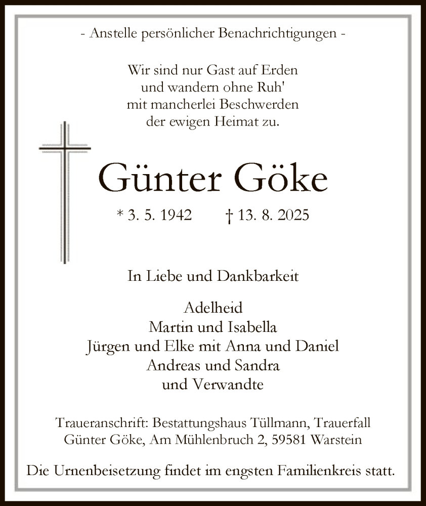  Traueranzeige für Günter Göke vom 16.08.2025 aus HASO