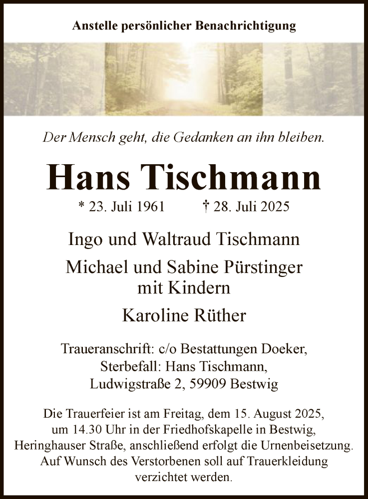  Traueranzeige für Hans Tischmann vom 09.08.2025 aus HASK