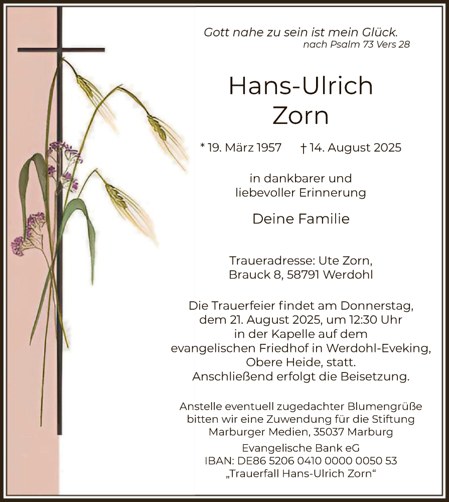  Traueranzeige für Hans-Ulrich Zorn vom 19.08.2025 aus HALN