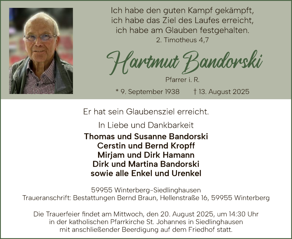  Traueranzeige für Hartmut Bandorski vom 16.08.2025 aus HASK