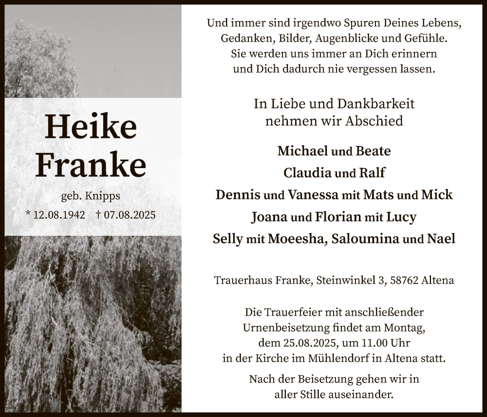  Traueranzeige für Heike Franke vom 16.08.2025 aus HALN