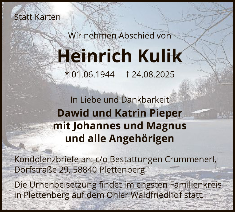  Traueranzeige für Heinrich Kulik vom 30.08.2025 aus HALN