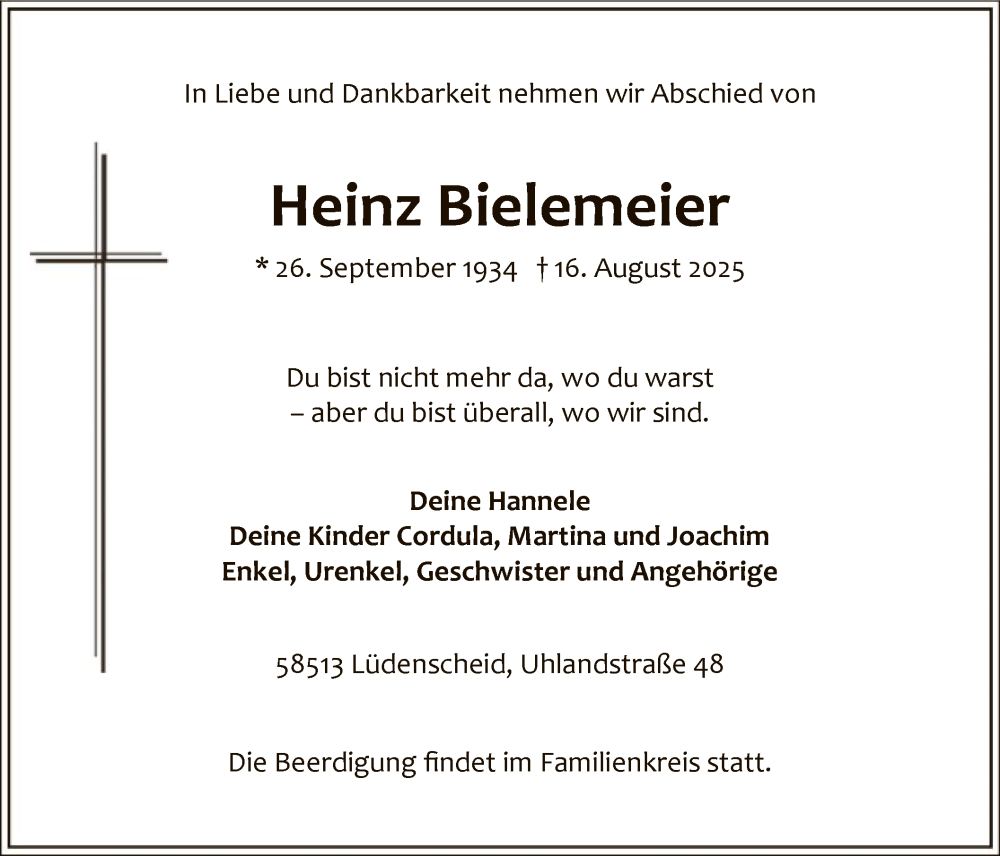  Traueranzeige für Heinz Bielemeier vom 23.08.2025 aus HALN