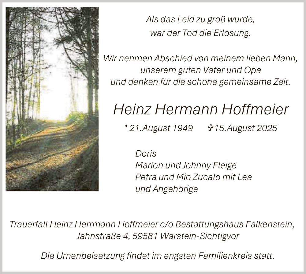  Traueranzeige für Heinz Hermann Hoffmeier vom 23.08.2025 aus HASO