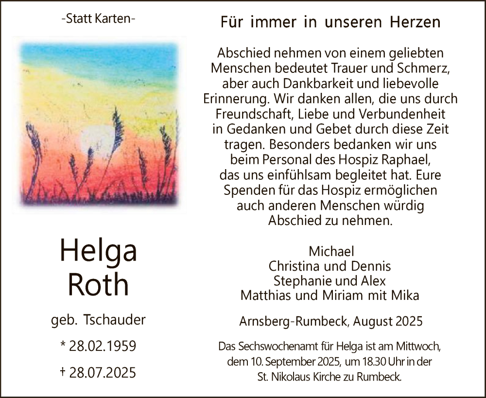  Traueranzeige für Helga Roth vom 30.08.2025 aus HASK