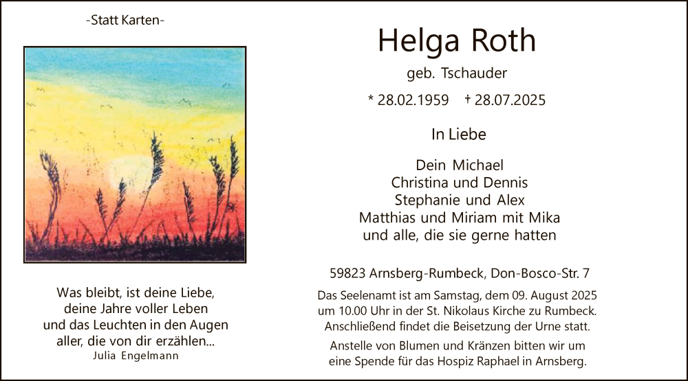  Traueranzeige für Helga Roth vom 02.08.2025 aus HASK