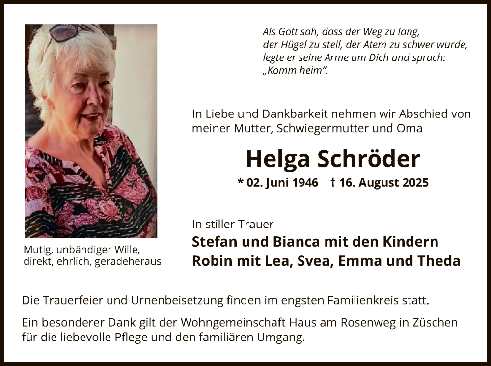  Traueranzeige für Helga Schröder vom 30.08.2025 aus HASOHASK