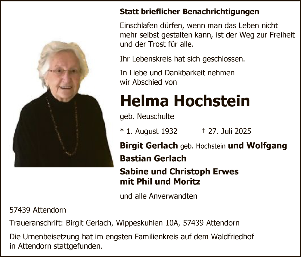  Traueranzeige für Helma Hochstein vom 09.08.2025 aus HASK