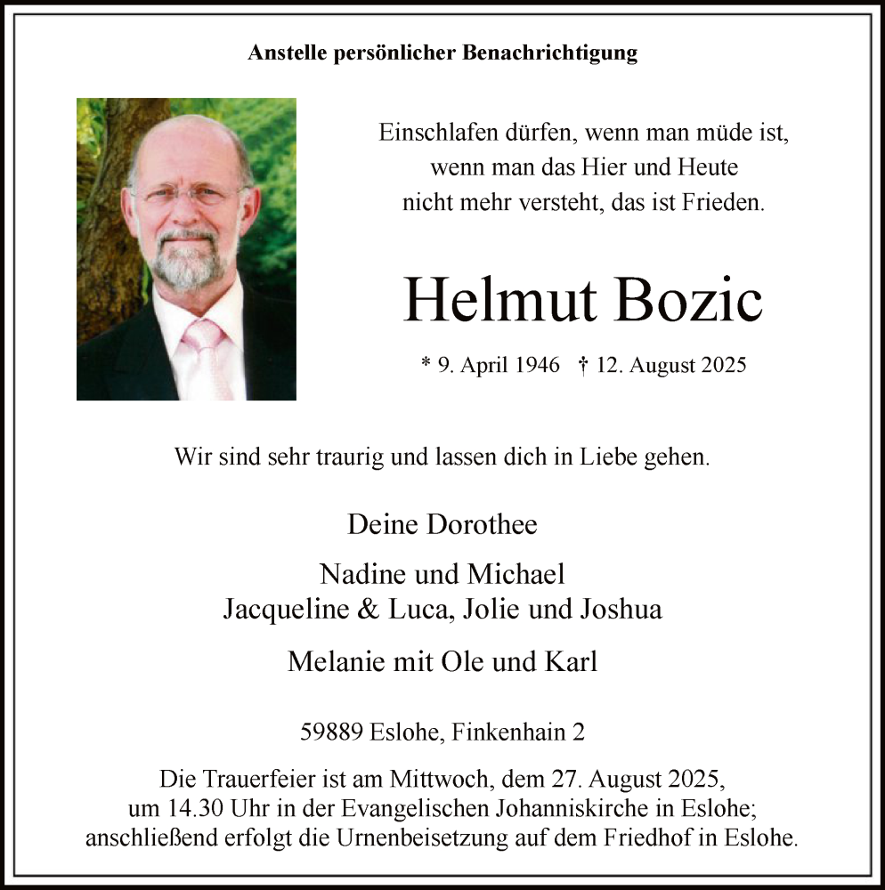  Traueranzeige für Helmut Bozic vom 16.08.2025 aus HASK