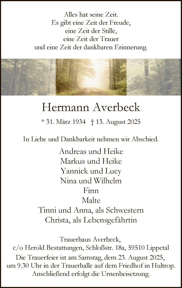  Traueranzeige für Hermann Averbeck vom 20.08.2025 aus HASO