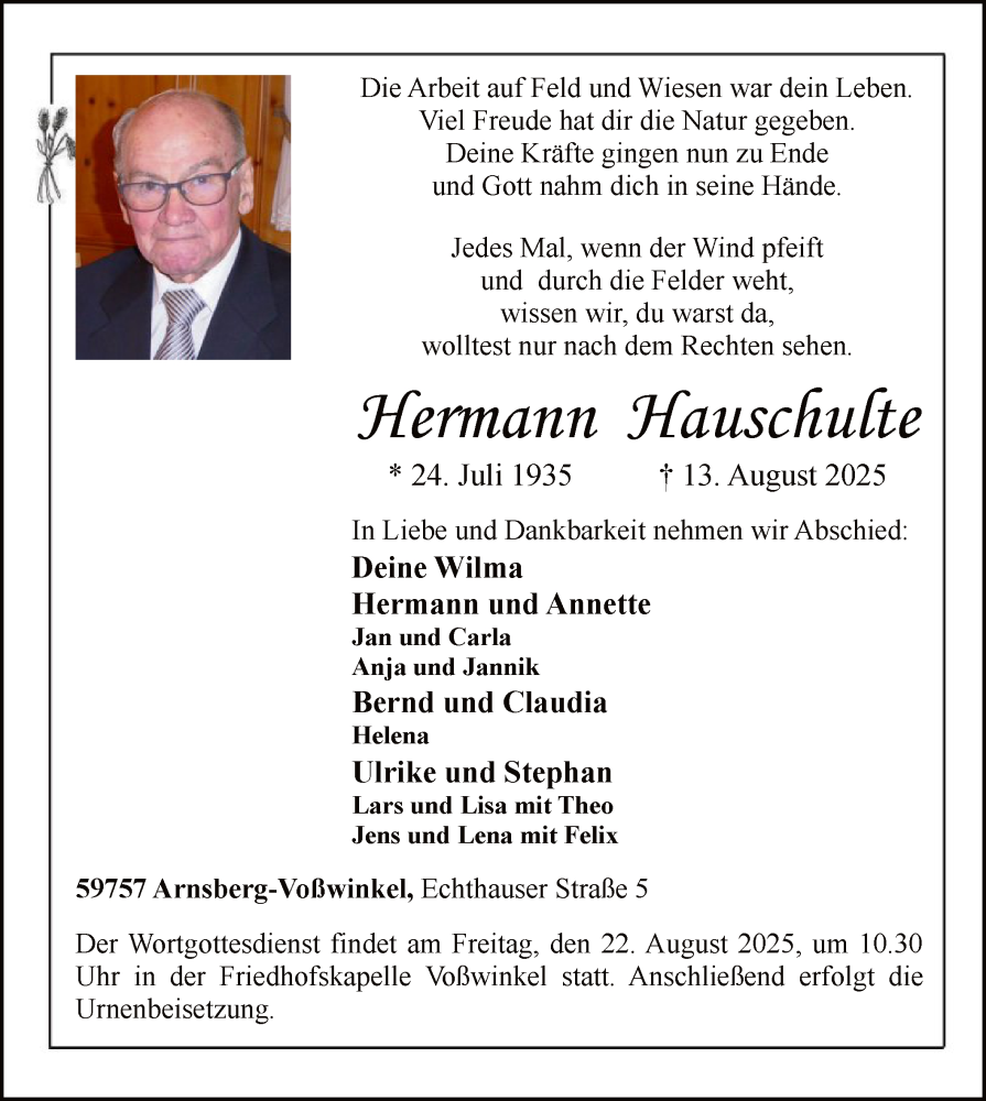  Traueranzeige für Hermann Hauschulte vom 16.08.2025 aus HASK