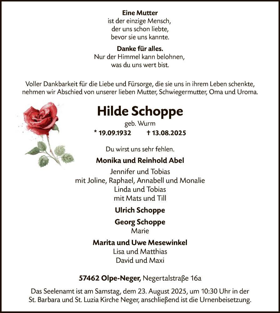  Traueranzeige für Hilde Schoppe vom 16.08.2025 aus HASK