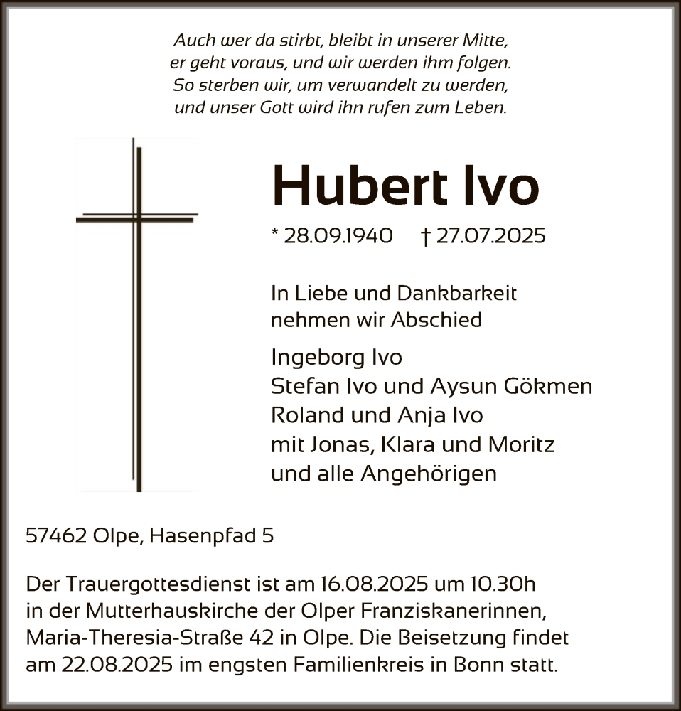  Traueranzeige für Hubert Ivo vom 09.08.2025 aus HASK