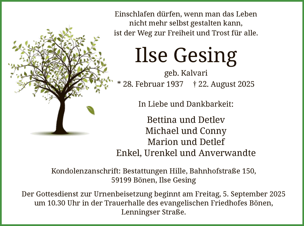  Traueranzeige für Ilse Gesing vom 30.08.2025 aus HAWA