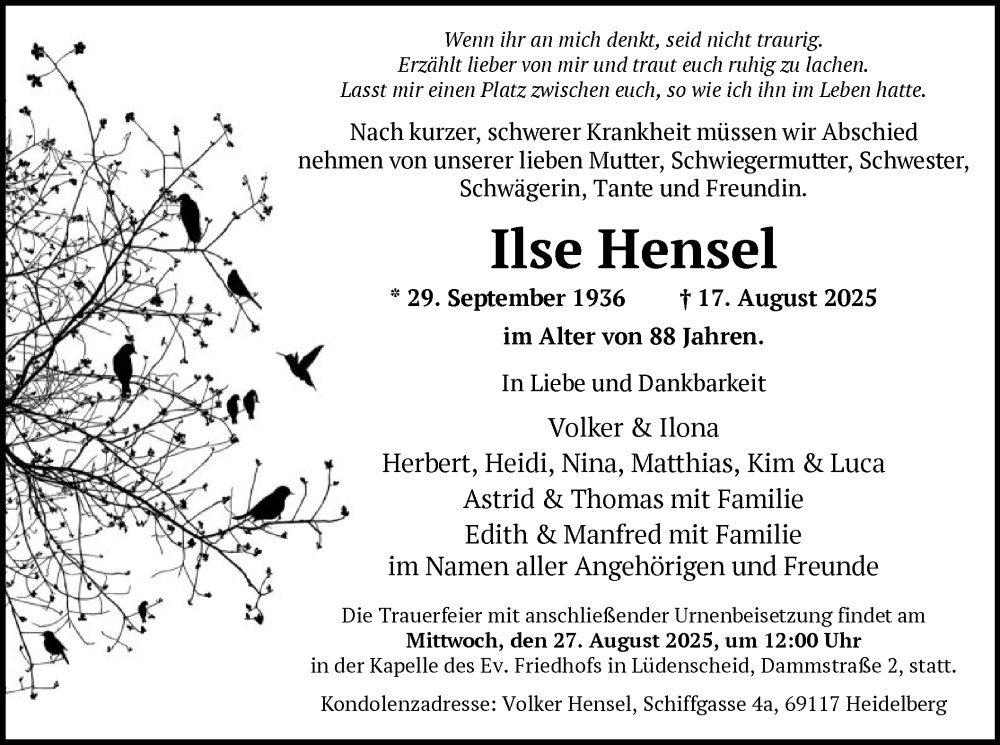  Traueranzeige für Ilse Hensel vom 23.08.2025 aus HALN