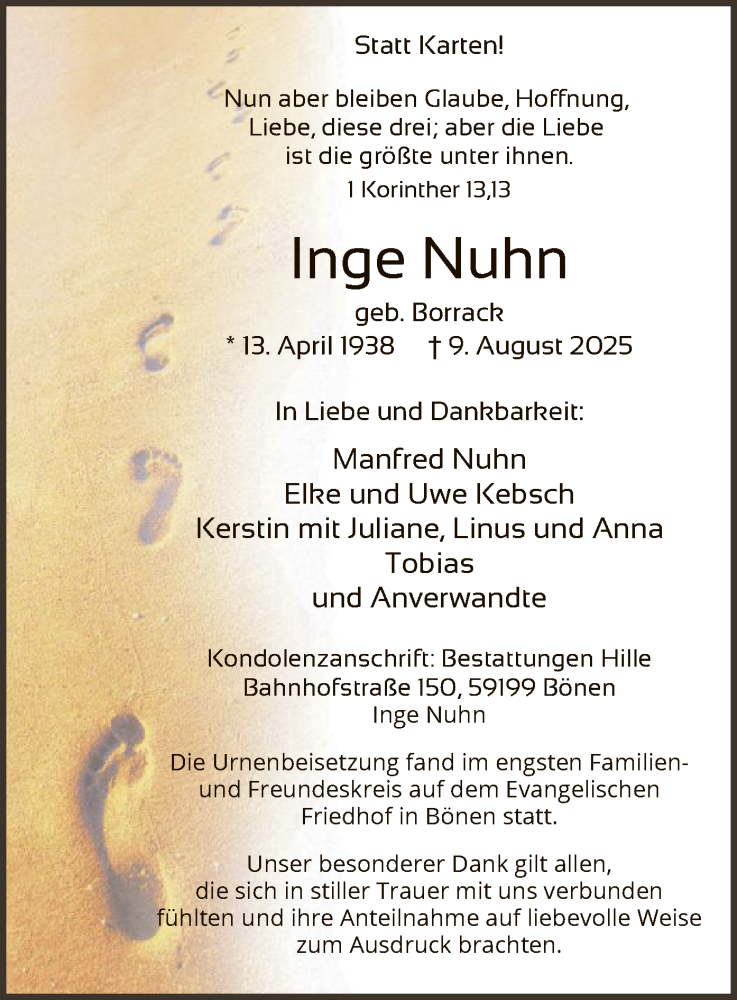  Traueranzeige für Inge Nuhn vom 30.08.2025 aus HAWA