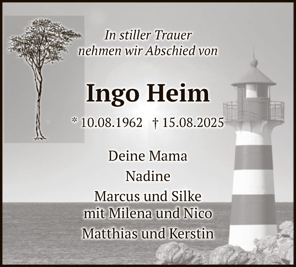  Traueranzeige für Ingo Heim vom 30.08.2025 aus HALN