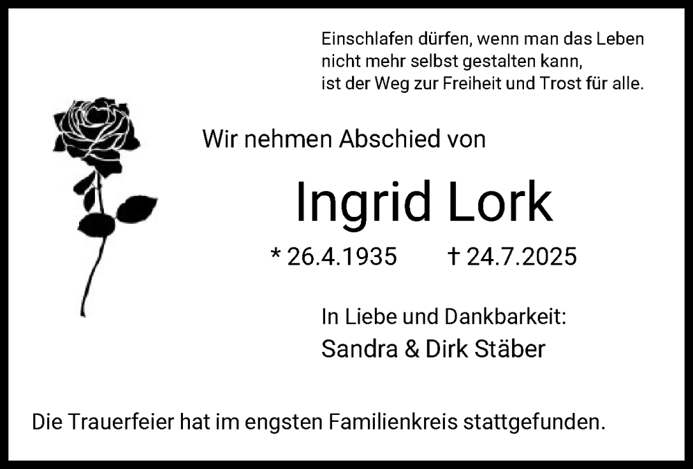  Traueranzeige für Ingrid Lork vom 23.08.2025 aus HAWA
