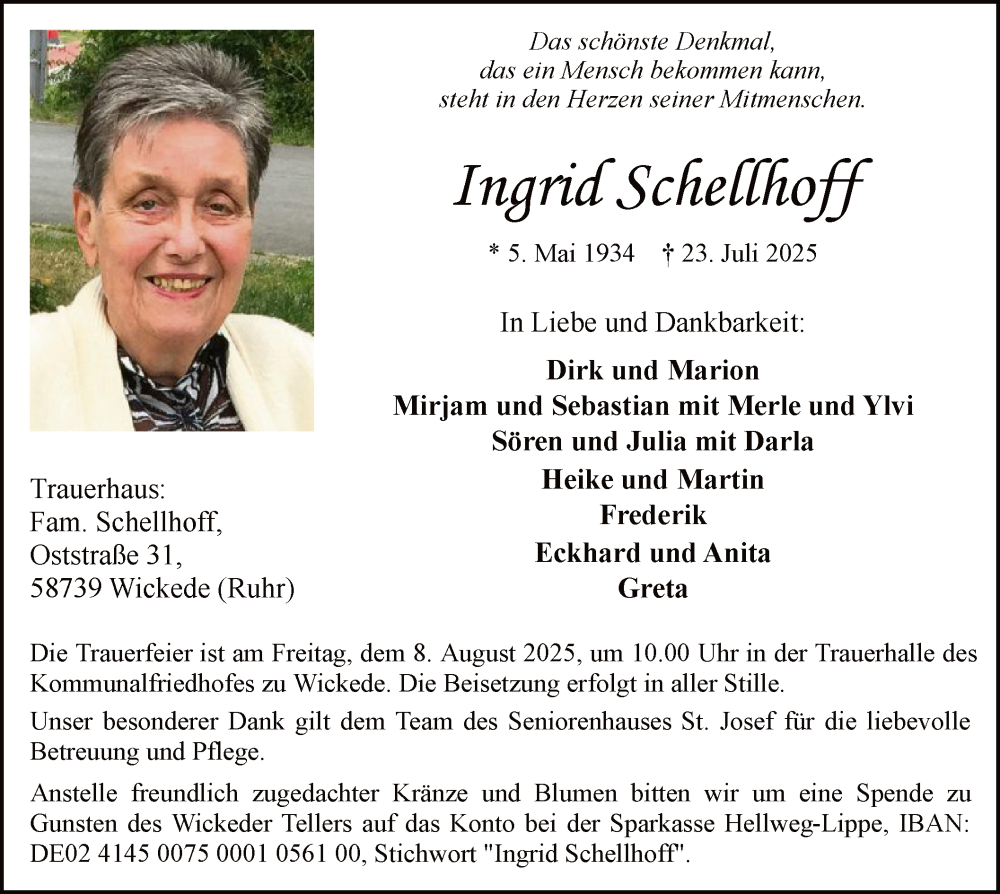  Traueranzeige für Ingrid Schellhoff vom 02.08.2025 aus HASO