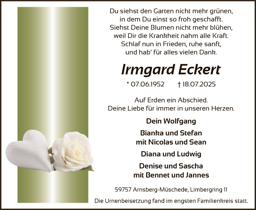  Traueranzeige für Irmgard Eckert vom 09.08.2025 aus HASK