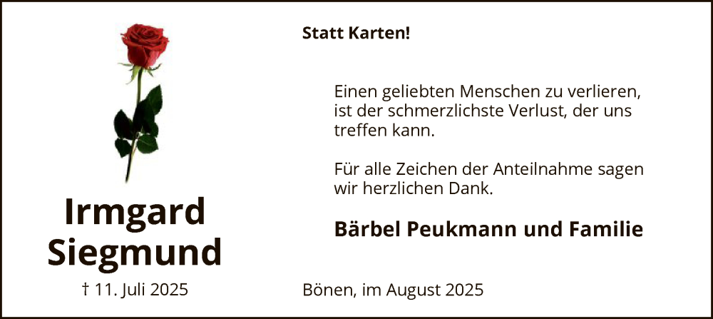  Traueranzeige für Irmgard Siegmund vom 23.08.2025 aus HAWA