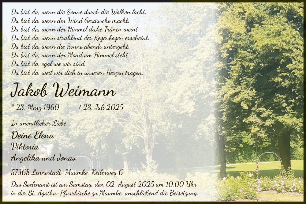 Traueranzeige für Jakob Weimann vom 02.08.2025 aus HASK