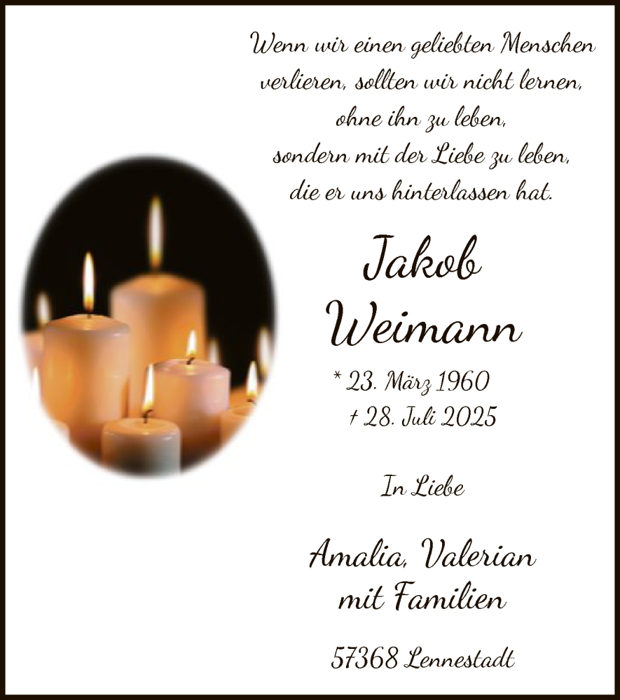  Traueranzeige für Jakob Weimann vom 02.08.2025 aus HASK