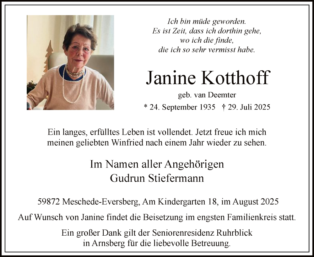  Traueranzeige für Janine Kotthoff vom 09.08.2025 aus HASK