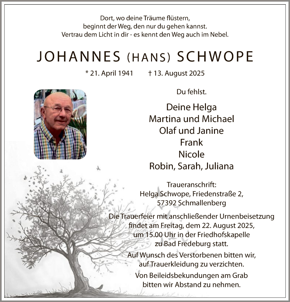  Traueranzeige für Johannes Schwope vom 16.08.2025 aus HASK