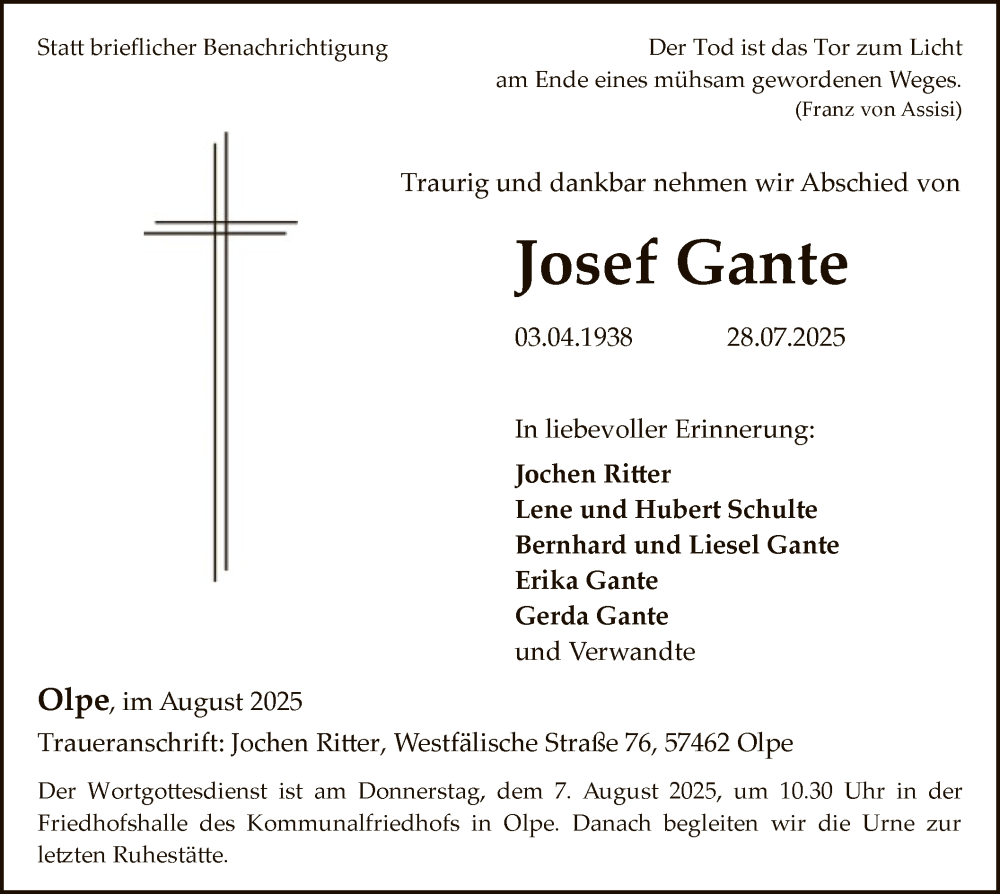  Traueranzeige für Josef Gante vom 02.08.2025 aus HASK