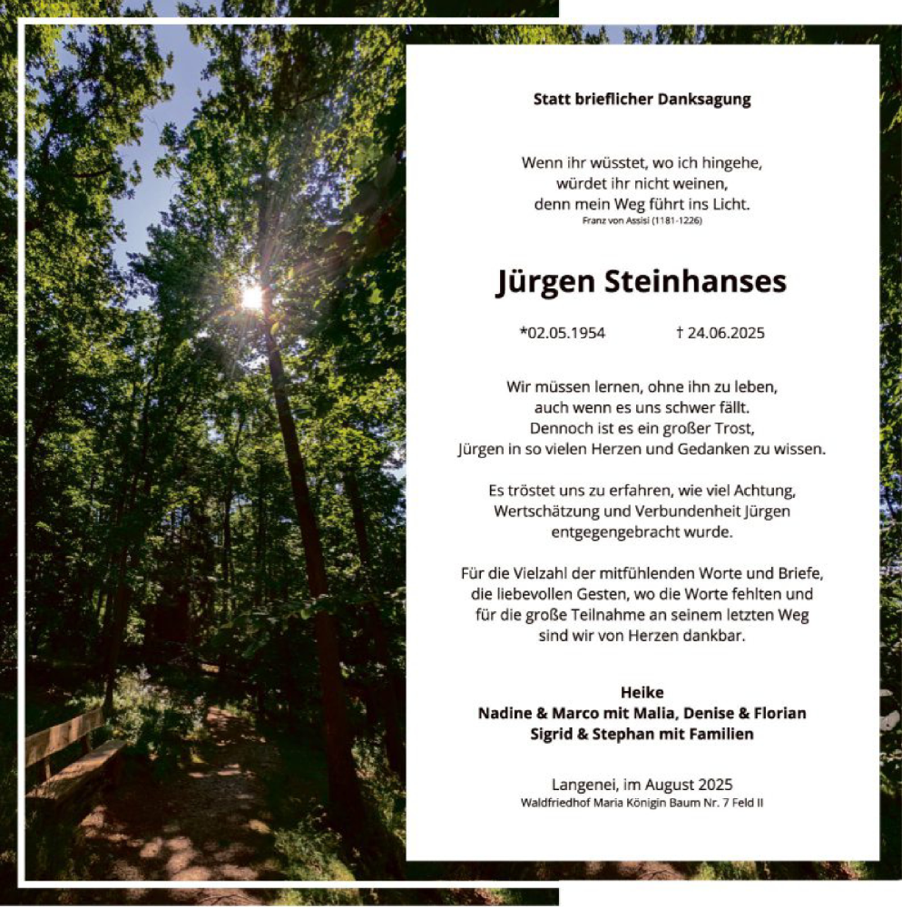  Traueranzeige für Jürgen Steinhanses vom 23.08.2025 aus HASK